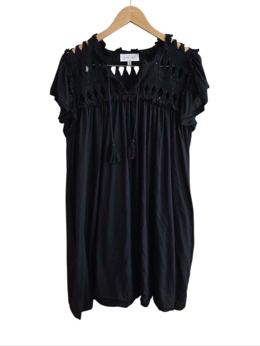 Dear John Kezia Knotted 'Peek A Boo' Embroidered Black Mini Dress. Size Medium